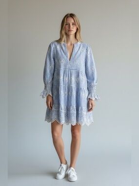 Sail to Sable STS Blue Gingham Embroidered Tiered Dress XS Cottagecore